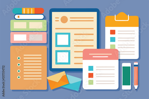 A creative assortment of paper notes, memos, and lists showcasing organization tools against a blue background, Set of paper, Place for notes, memo, to do list,