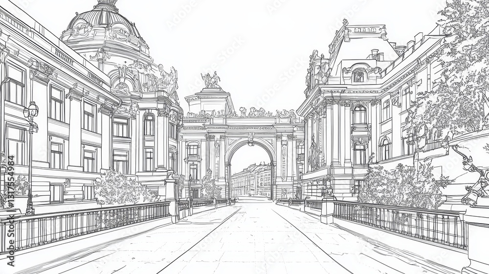 Bucharest Archway Line Art Coloring Page - A detailed line art coloring page depicting an archway in Bucharest, Romania. Symbolizing architecture, history, travel, urban landscapes