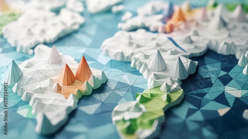 a colorful, low-poly, geometric map of the world, with vibrant hues and a unique perspective. The continents are stylized with a textured surface, adding depth and visual interest