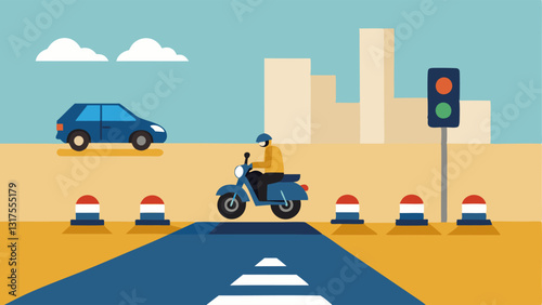 Sudden Stop A motorcycle skidding to a halt at a crossroad while police vehicles come to a sudden stop close to catching up.