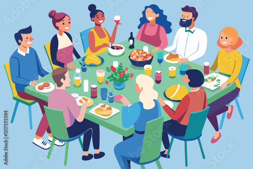 A group of friends shares laughter and delicious food at a lively dinner gathering, creating memorable moments, Set of people gatherings around dinner tables,