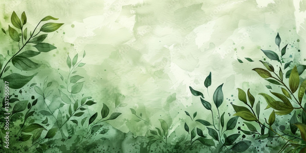 Φωτογραφία Watercolor Painting of Green Leaves on a Light Green Background