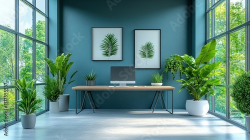 Serene teal workspace  abundant plants  natural light.