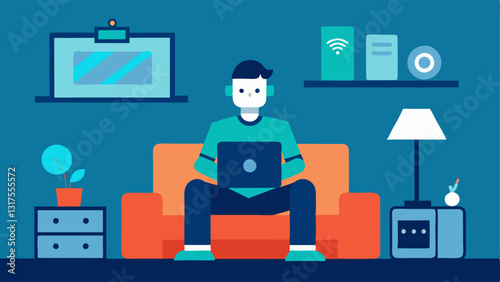 Home Automation Robot An engineer in a comfortable living room testing a home assistant robot with smart devices in the background.