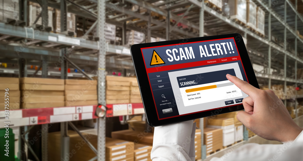 Fototapeta premium Cyber security software show alert of cyber attack for protection snugly. Danger from virus, phishing and cyber fraud.