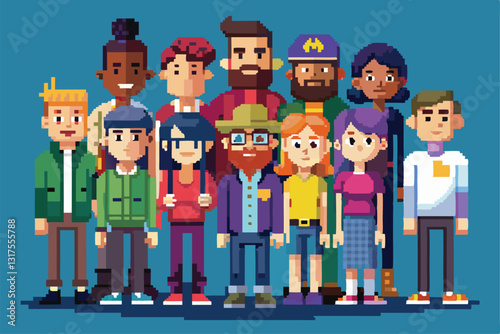 A diverse set of pixel art characters poses together, showcasing unique styles and expressions in a colorful design, Set of people in pixel art style,