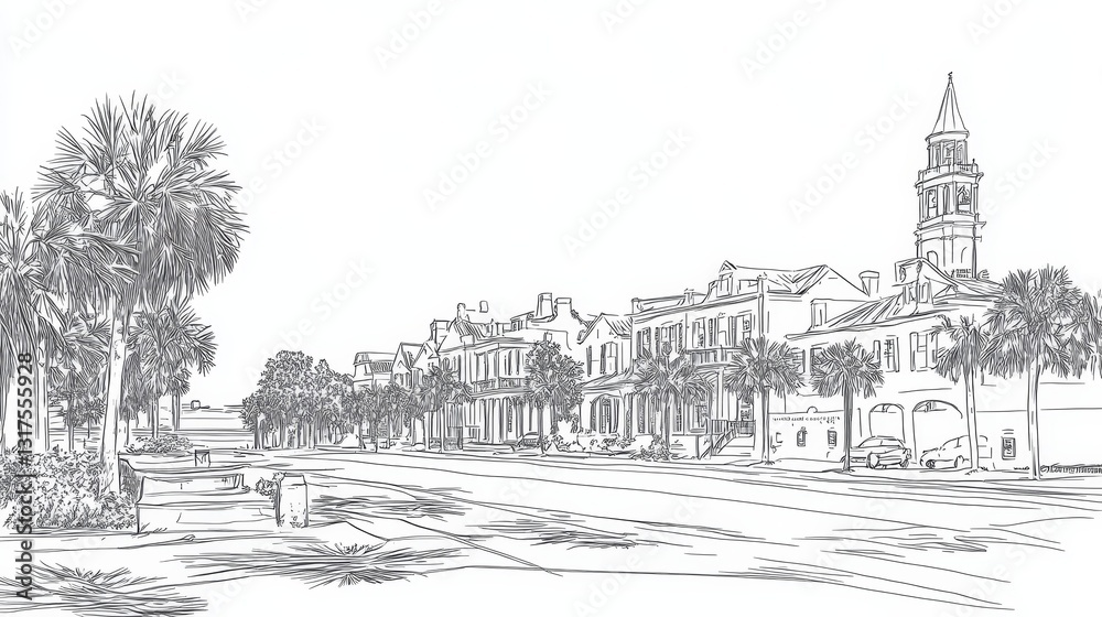 Fototapeta premium Charleston Street Scene Line Art Coloring Page - A charming line art coloring page depicting a picturesque Charleston street, featuring historic architecture, palm trees