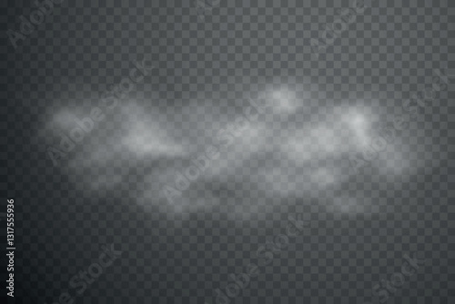 Smoke effect background. Realistic decorative fog in the air, vapor, creeping smoke puff. Layout of cloudy smog. Transparency vector illustration.