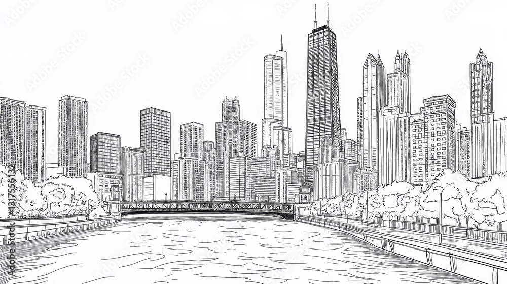 Fototapeta premium Chicago Skyline Coloring Page - A detailed line art coloring page depicting the Chicago skyline, featuring iconic buildings, a river, and trees. Symbolizes urban life, architecture, nature, travel