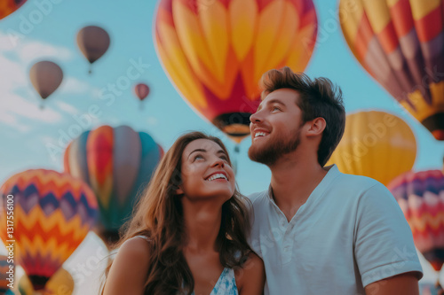 Smiling couple gazing up at colorful hot air balloons filling the sky, evoking a sense of wonder and adventure on a clear day