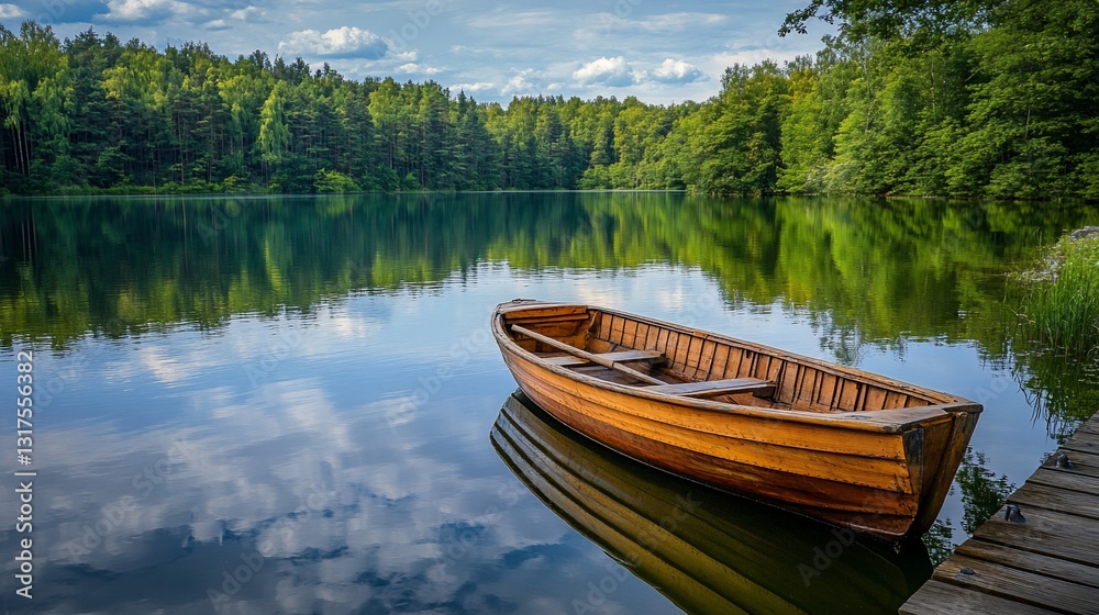 Serene Lakeside Serenity: A Wooden Rowboat on a Calm Lake Surrounded by Lush Greenery
