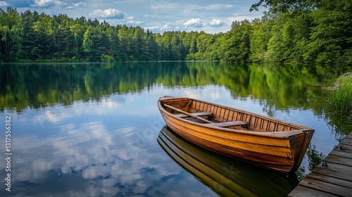 Obraz na płótnie Serene Lakeside Serenity: A Wooden Rowboat on a Calm Lake Surrounded by Lush Greenery w salonie