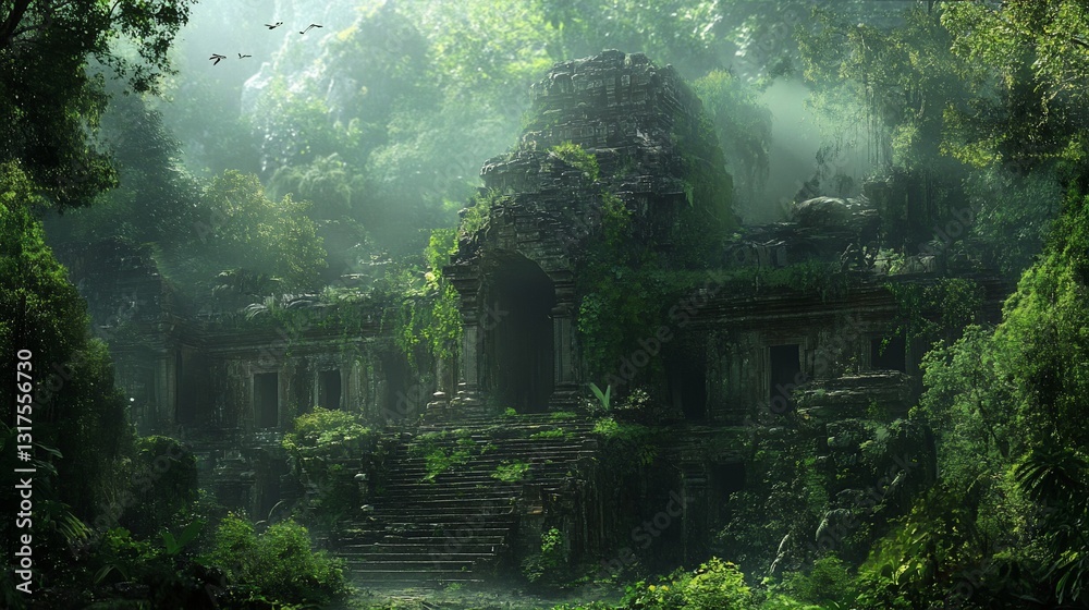 Ancient Temple Ruins Overgrown by Lush Tropical Jungle in Southeast Asia