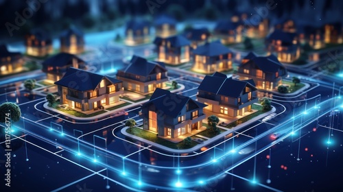 Digital Community Concept with Smart Houses. Smart city and wireless communication network. Real estate concept. Smart city concept with smart houses and city lights. Mockup city. 3d illustration.