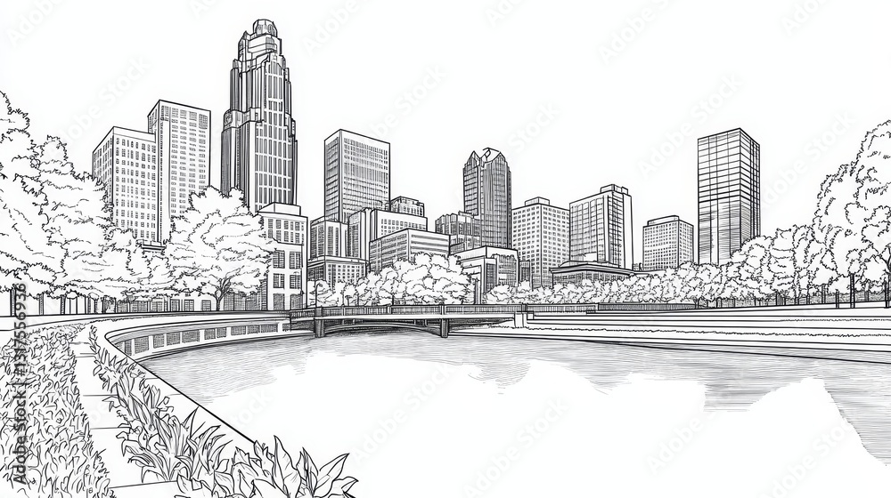 Fototapeta premium Columbus Ohio Skyline Coloring Page - A detailed line art coloring page depicting the Columbus, Ohio skyline, featuring a river, bridge, and lush trees. Symbolizes urban nature, city growth