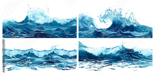 Set of sea water surfaces, ocean texture, water wave patterns, marine background, blue water, ripples, nature design, smooth sea, water motion, water splash