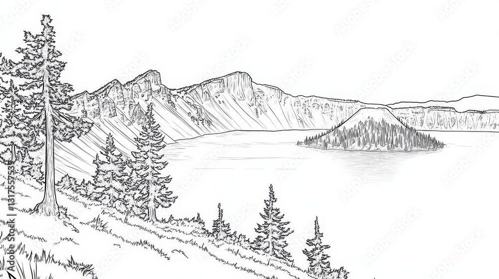 Fototapeta premium Crater Lake Oregon Line Art Coloring Page - A scenic line art coloring page depicting Crater Lake in Oregon. It features a tranquil lake, majestic mountains, and evergreen trees. Symbolizing nature