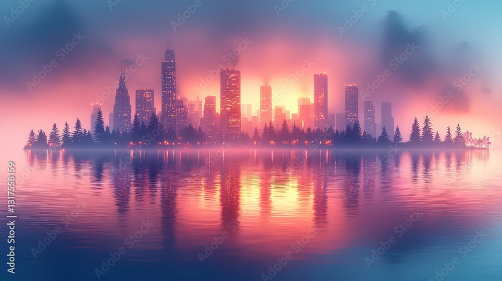 Fototapeta premium A City Silhouette Reflected Upon Calm Water During Sunset
