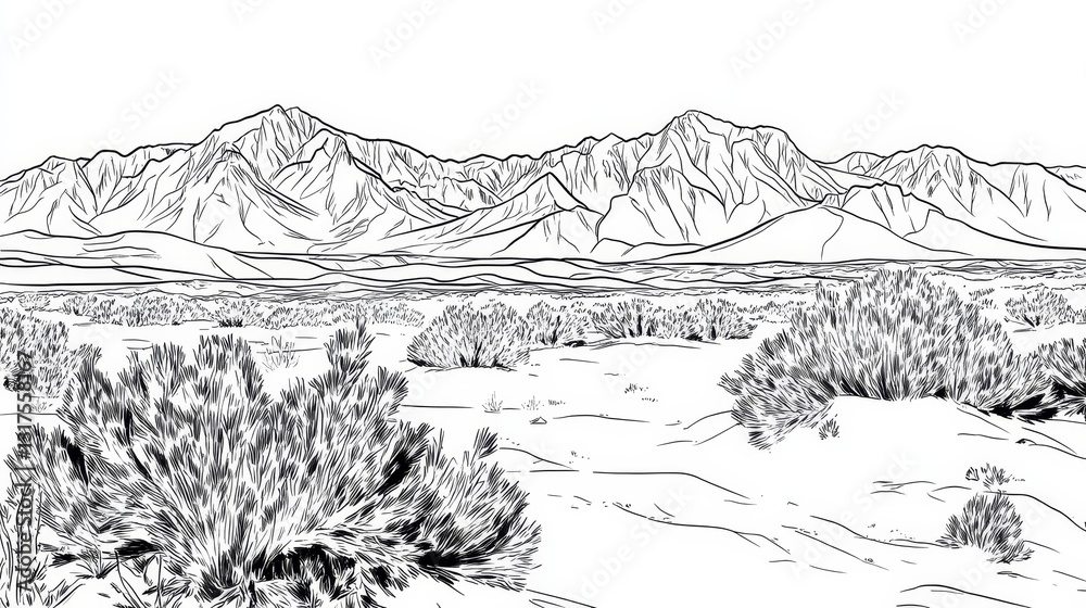 Fototapeta premium Death Valley Line Art Coloring Page - A serene desert landscape coloring page featuring mountains, shrubs, and sand. Concepts: nature, tranquility, wilderness, exploration, serenity