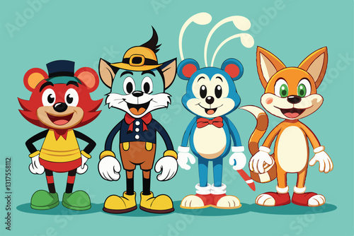 Four cheerful retro cartoon mascots display distinct personalities while standing together, Set of retro cartoon mascot characters,