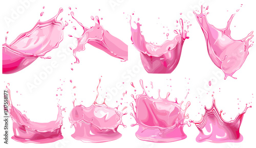 Smoothie splash set, pink creamy liquid, yogurt splash, milk cream texture, pink splash, creamy yogurt, liquid cream, splash of yogurt, pink liquid, smoothie cream splash