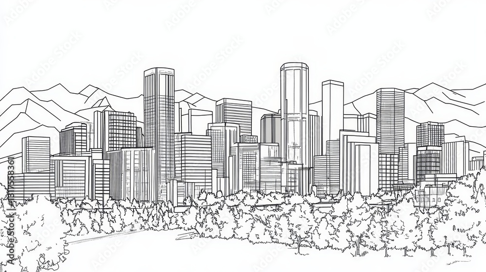 Obraz premium Denver Skyline Coloring Page - A detailed line art coloring page featuring the Denver, Colorado skyline, mountains, and trees. Symbolizing urban landscape, nature, tranquility, creativity