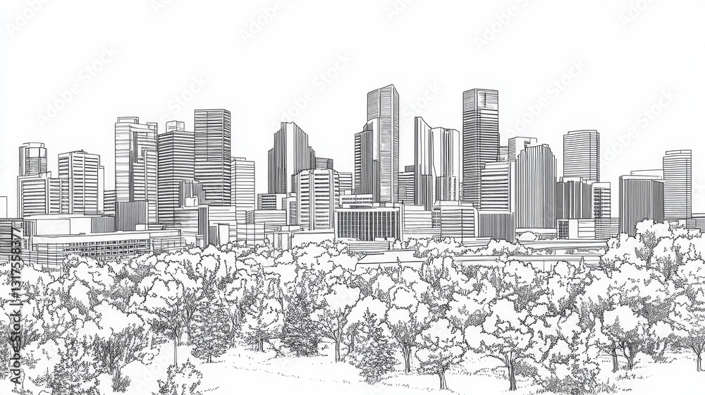 Fototapeta premium Denver Skyline Coloring Page: A Line Art Cityscape - A detailed line art coloring page depicting the Denver, Colorado skyline. Features skyscrapers, trees, and a city park, symbolizing urban growth