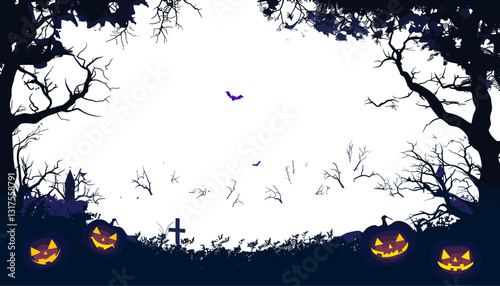 Halloween spooky night background, vector haunted landscape for banner, eerie moonlight, creepy graveyard, dark silhouettes, flying bats, horror vibes, mysterious mist, ghostly shadows