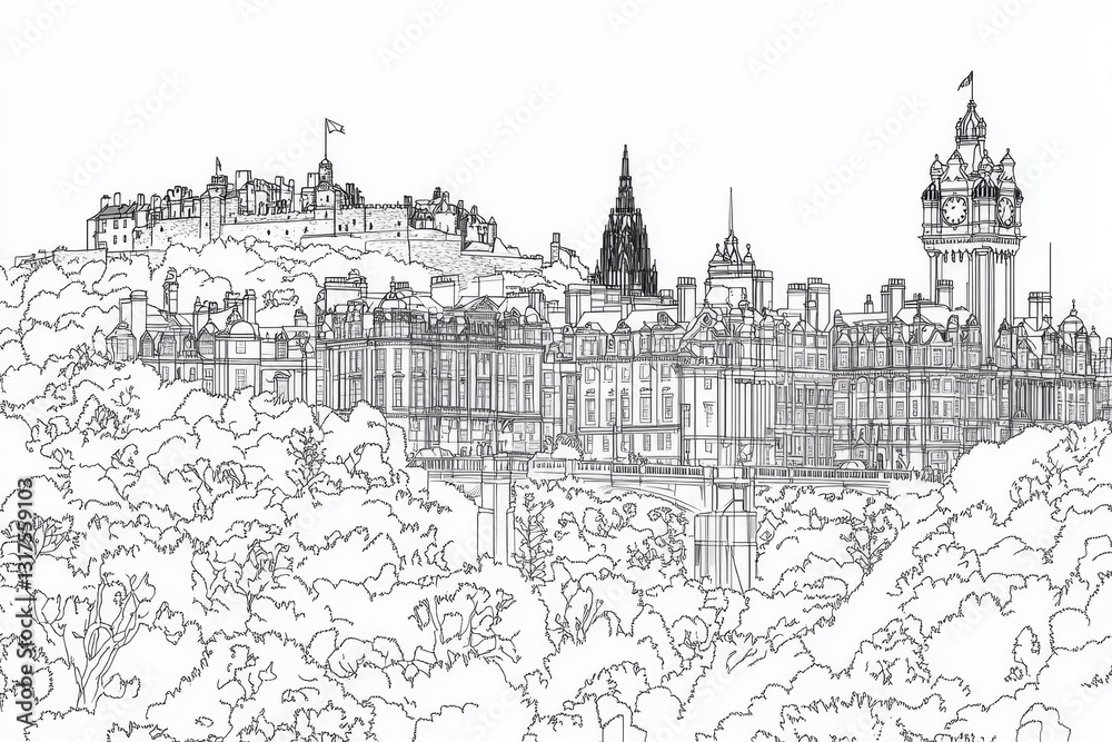 Obraz premium Edinburgh Skyline Coloring Page - A detailed line art coloring page depicting the Edinburgh skyline, symbolizing history, architecture, nature, tourism