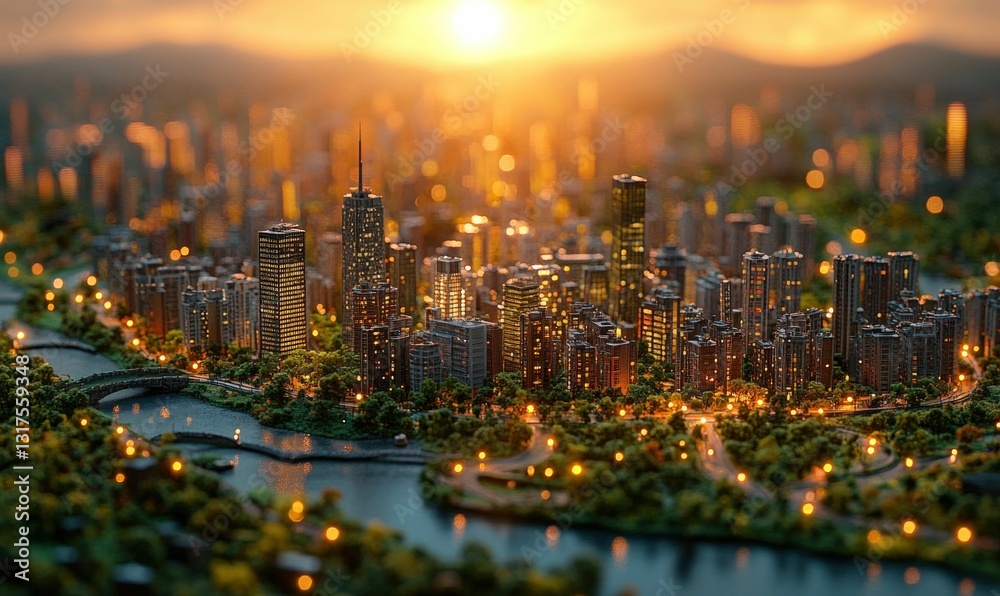 Obraz premium Illuminated cityscape model sunset glow