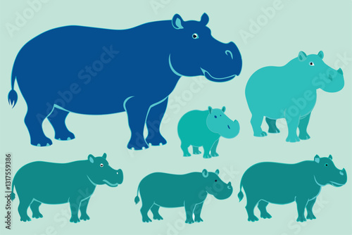 Silhouettes of hippopotamuses displayed in multiple sizes showcase their distinct shapes and features, Set of silhouettes of hippopotamus vector design