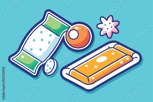 A collection of vibrant effervescent tablet sachets with playful designs and colors on a bright surface, Set of stickers with effervescent tablet, sachet with powdered sugar,
