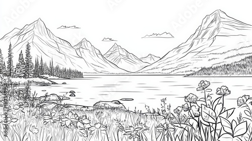 Glacier Lake Line Art Coloring Page - A serene lake nestled amongst majestic mountains, perfect for coloring. Symbolizes nature, peace, adventure, tranquility, escape