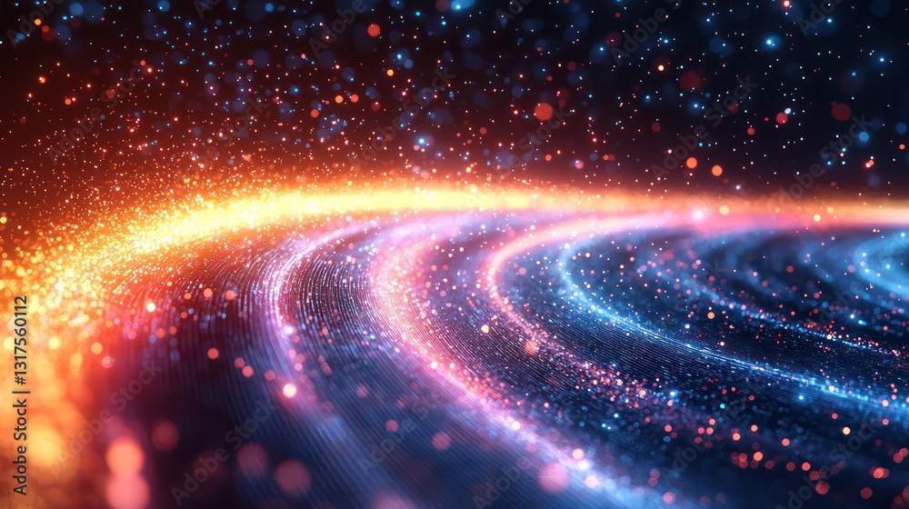 Fototapeta premium Abstract depiction of luminous particles forming curved celestial structures