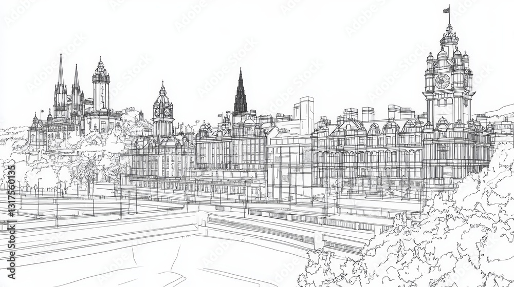 Fototapeta premium Glasgow Skyline Coloring Page - Detailed line art coloring page of the Glasgow skyline, featuring iconic buildings, a city landscape, architectural details