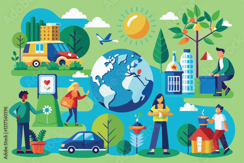 Diverse individuals engage in eco-friendly activities promoting sustainability and environmental awareness, Set of sustainable lifestyle