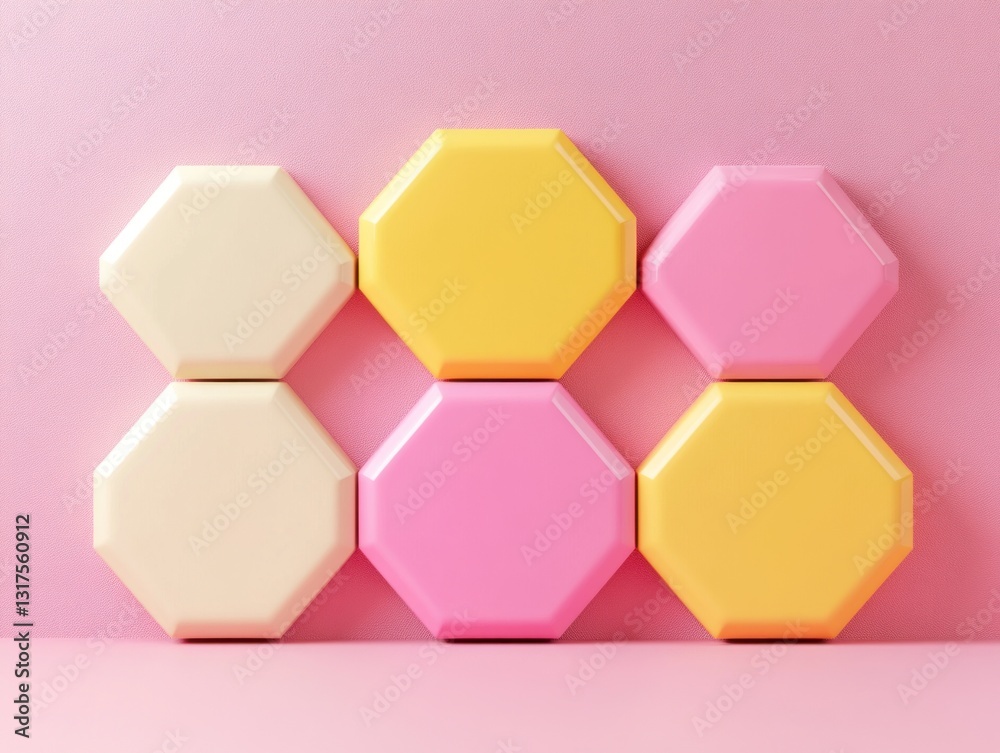 Pastel hexagon shapes on pink background. Pastel hexagon shapes on pink background.