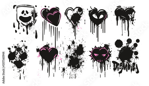 Spray graffiti element vector set, brush drip splatter, urban street black grunge, heart silhouette, ink stroke, hand writing stain splash, circles, dark clipart, art design, street art