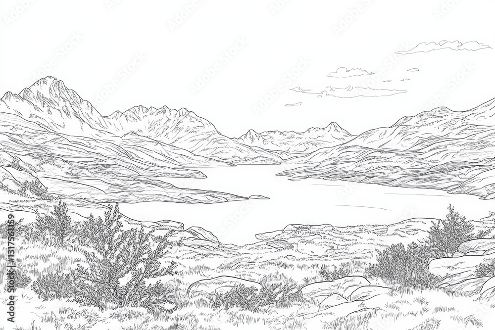 Fototapeta premium Hardangervidda National Park Norway Line Art Coloring Page - A serene line art coloring page depicting Hardangervidda National Park in Norway. Five key concepts are symbolized: mountains, lake