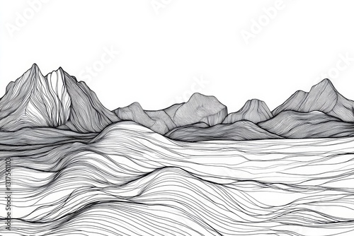Hardangervidda National Park Line Art Coloring Page - Intricate line art coloring page depicting the majestic Hardangervidda mountain range in Norway. Symbolizing nature, peace, adventure photo