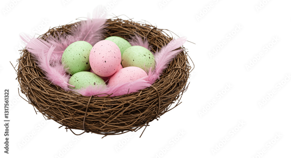 Colorful Easter eggs in a basket with feathers, isolated Colorful Easter eggs in a basket with feathers, isolated