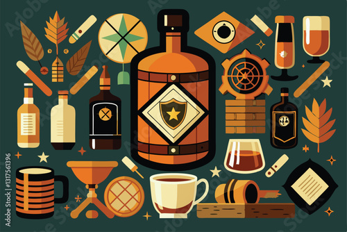 This artwork features whiskey symbols like bottles, glasses, and distillation tools in a creative arrangement, Set of whiskey symbols,