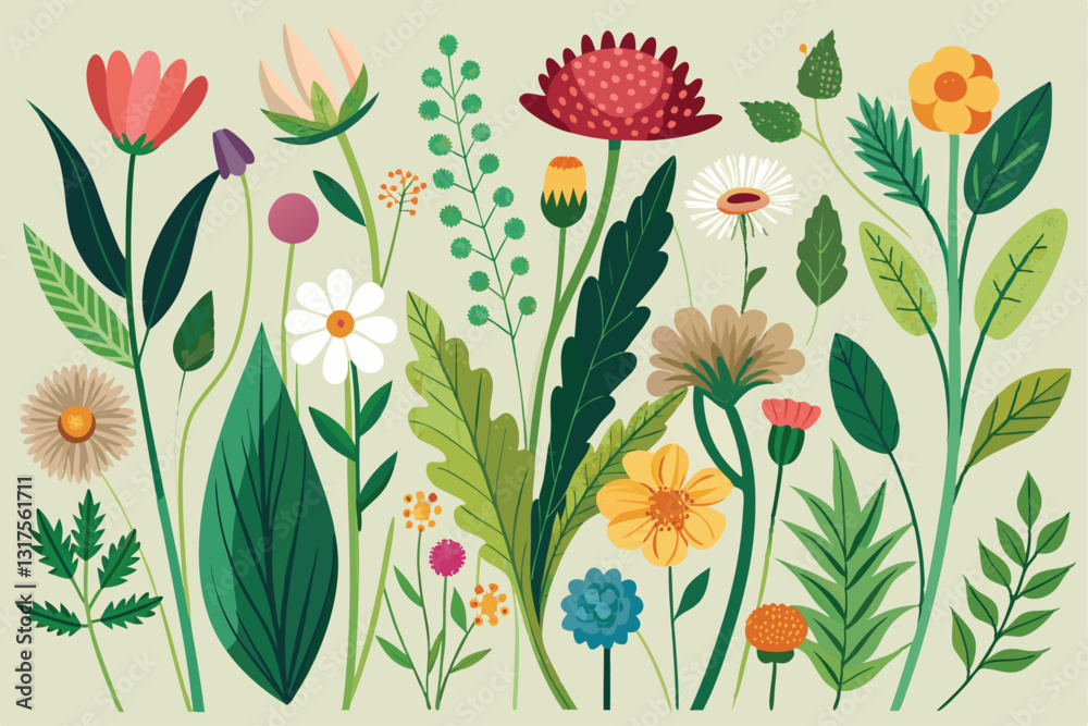 A diverse array of wild flowers and plants blooms brightly in a sunny meadow, showcasing nature's beauty, Set of wild flowers and plants, A diverse array of wild flowers and plants blooms brightly in a sunny meadow, showcasing nature's beauty, Set of wild flowers and plants,