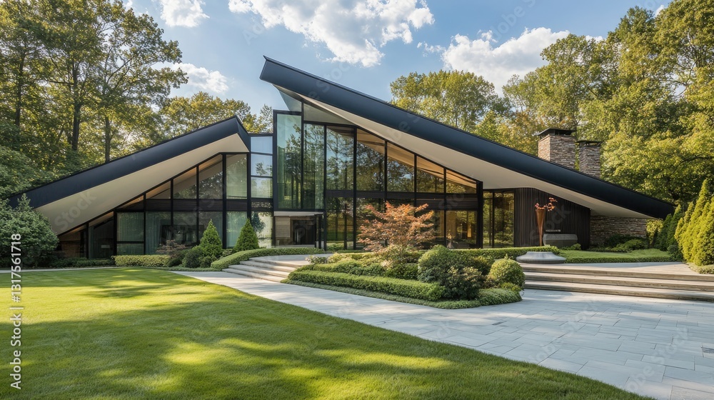 Fototapeta premium A modern architectural masterpiece featuring bold geometric shapes, expansive glass panels, and innovative design --ar 16:9 --v 6.1 Job ID: 4ab910ed-f971-4d31-94b2-4873a6a7fbcc