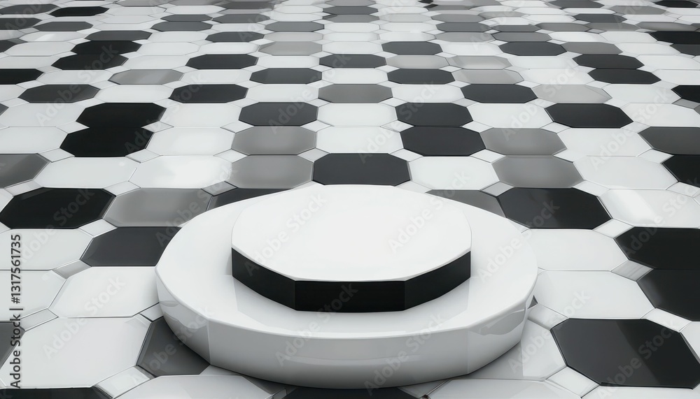 Fototapeta premium Geometric Black and White Hexagonal Patterns with Central Podium
