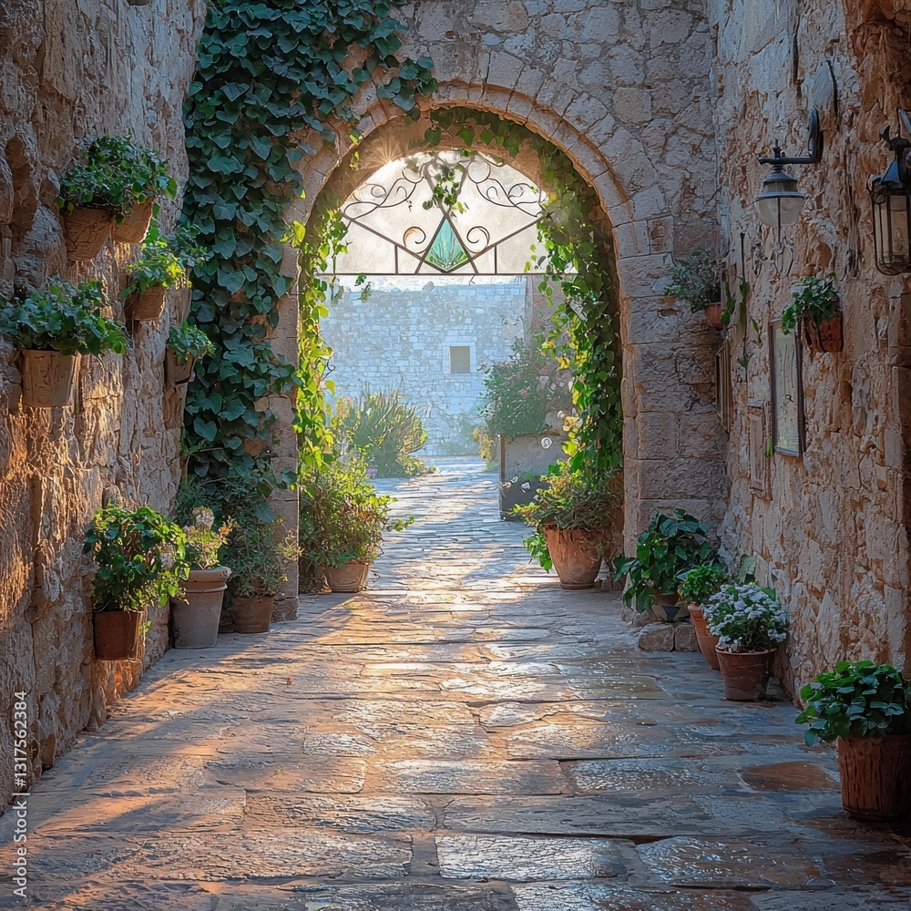 Obraz premium Stone archway with plants in pots leading to a bright, sunny outdoor area