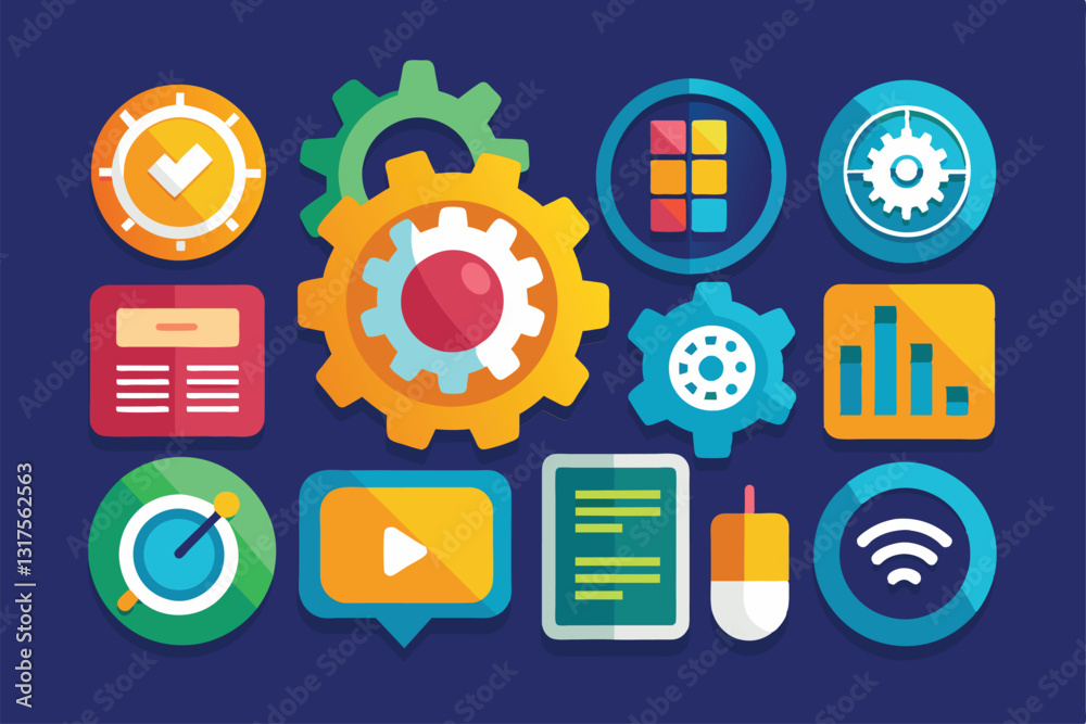 A vibrant collection of various settings icons including gears, charts, and controls against a blue backdrop, Settings icon set A vibrant collection of various settings icons including gears, charts, and controls against a blue backdrop, Settings icon set