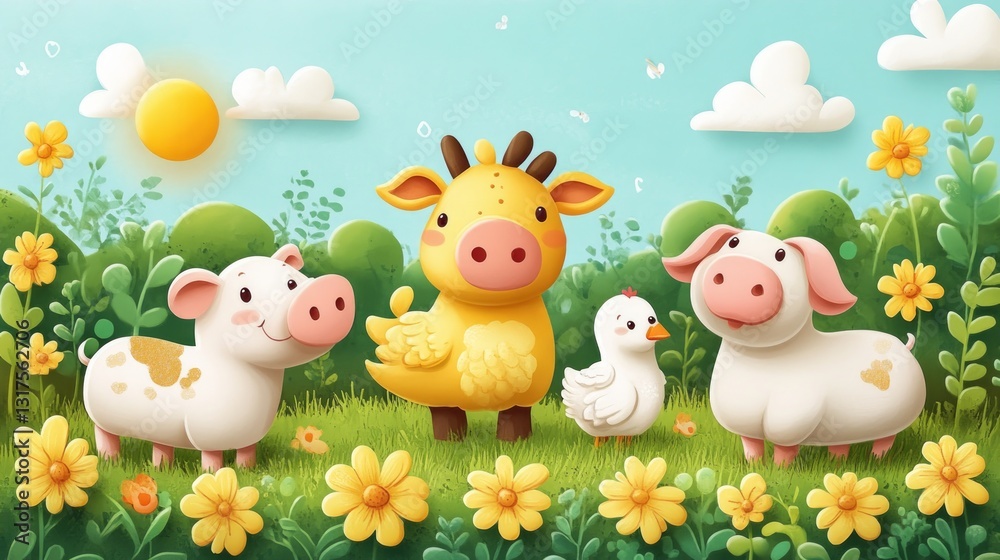 Naklejka premium Colorful Cartoon Farm Animals in a Sunny Meadow with Flowers
