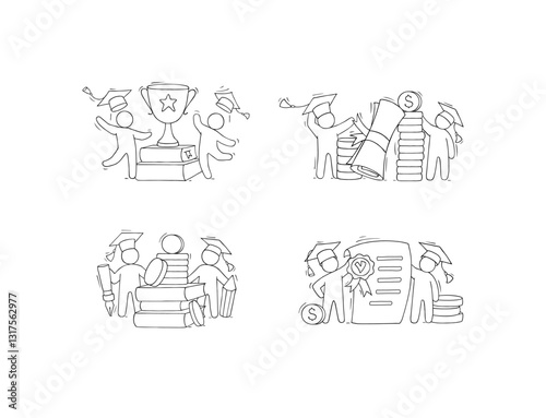 Scholarship concepts set with student, education certificate and money. Vector sketch illustration of tuition grant, study cost in college or university. Doodle man in graduation cap with diploma and 