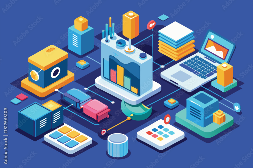 This representation showcases a customizable analytics setup featuring devices, graphs, and data organization elements, Setup analytics Customizable Isometric Illustration This representation showcases a customizable analytics setup featuring devices, graphs, and data organization elements, Setup analytics Customizable Isometric Illustration